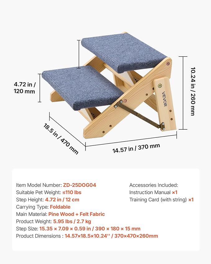 VEVOR Wood Pet Stairs, 2-Step Dog Stairs for Beds, Sofa & Cars, 110lbs Load Capacity, Floded Flat Design, Stable & Sturdy Cat & Dog Step Ladder for Small Medium Large Older Pet Puppy Essentials