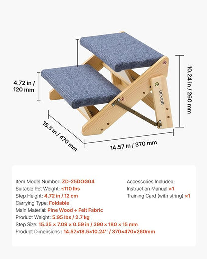 VEVOR Wood Pet Stairs, 2-Step Dog Stairs for Beds, Sofa & Cars, 110lbs Load Capacity, Floded Flat Design, Stable & Sturdy Cat & Dog Step Ladder for Small Medium Large Older Pet Puppy Essentials
