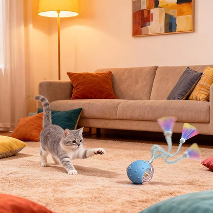 Interactive Cat Toys for Indoor Cats with 3 Interchangeable Tails - Automatic Moving & Chirping Ball, Self Play Toy for Playful Kittens & Bored Cats Home Alone (Blue)