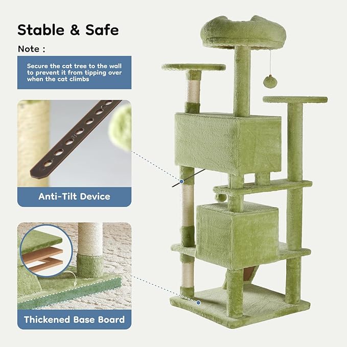 DUMOS 54-inch Indoor Cat Tree Tower –Multi-Level Pet House for Large Cats with 2 Condos, Scratching Posts, Round Platform, Small Ladder, and Toys, Green