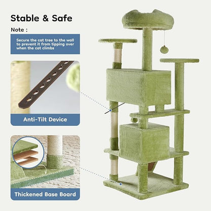 DUMOS 54-inch Indoor Cat Tree Tower –Multi-Level Pet House for Large Cats with 2 Condos, Scratching Posts, Round Platform, Small Ladder, and Toys, Green