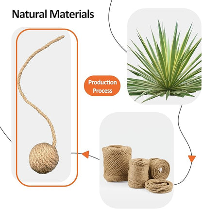 2 Inch Cat Toy Ball with 10 Inch Sisal Rope Wrapping & Quiet Bell - Natural Sisal Material for Endless Feline Fun