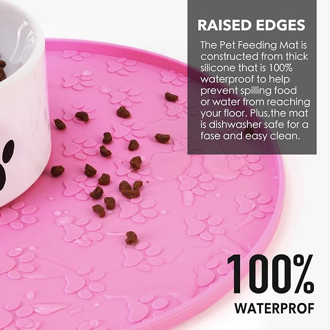 Silicone Pet Food Mat - Waterproof Dog Food Bowl Mat Cat Feeding Mat Thicker Pet Placemat Eating Mat with High Lip to Prevent Spills, Dog & Cat Water Bowl Mat for Messy Drinkers to Protect Floors,Pink