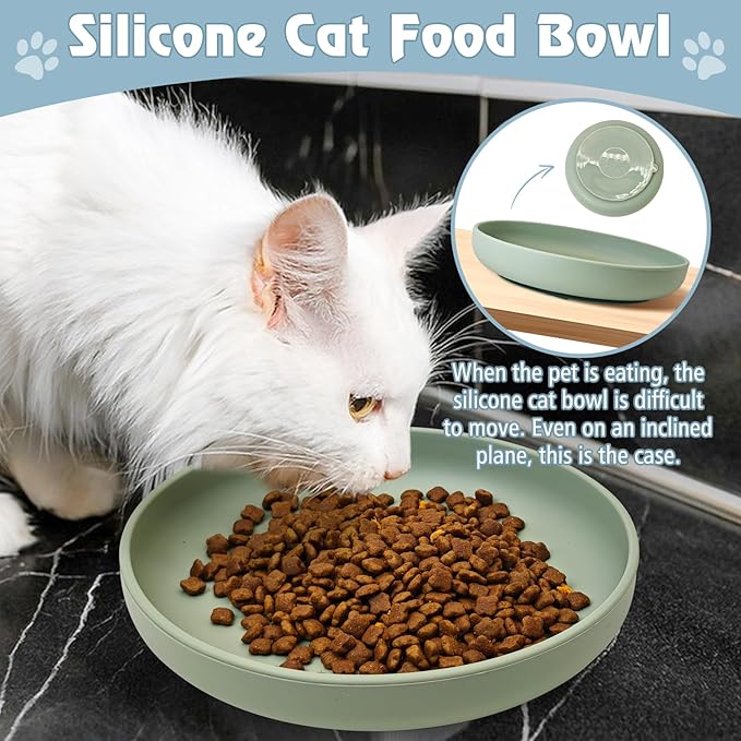 BNOSDM Silicone Dog Bowl Non-Slip Cat Food Plate 2 Pcs Flat Dog Bowls with Suction Cup Shallow Puppy Food and Water Dish for Small and Medium Pets (Gray Green)