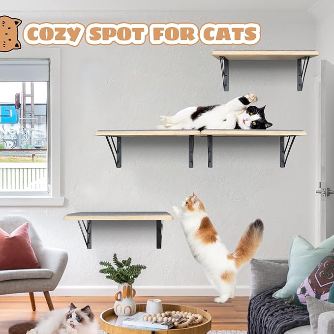 Burlywood Cat Shelves: Set of 4 Wood Cat Furniture Indoors - Climbing Shelf with Wall Mounted Scratching Pad & Hammock for Big Cats