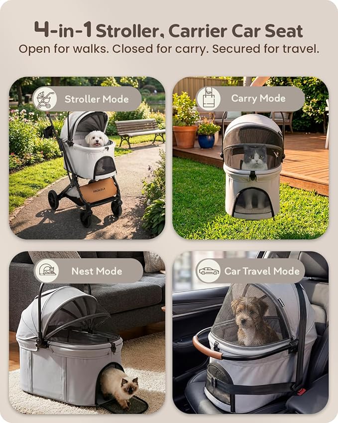 Pet Stroller with Detachable Carrier for Small, Medium Dogs & Cats, Lightweight Foldable Design, Travel-Ready, Compact Storage (Cloud Gray)