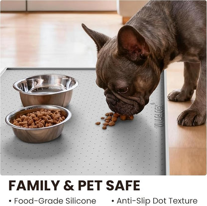 VIVAGLORY Dog Bowl Mat Grippymat Pet Food Mat, Waterproof Washable Nonslip Silicone for Pet & Cat, Food and Water Placemat with Lip & Raised Edges for Indoor Floor, S, Light Grey