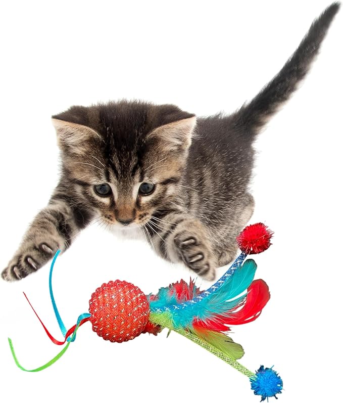 Multipet Mesh Feather Ball Cat Toy - Fun, Creative, Durable Playtime Delights (6-Pack, Colors May Vary)