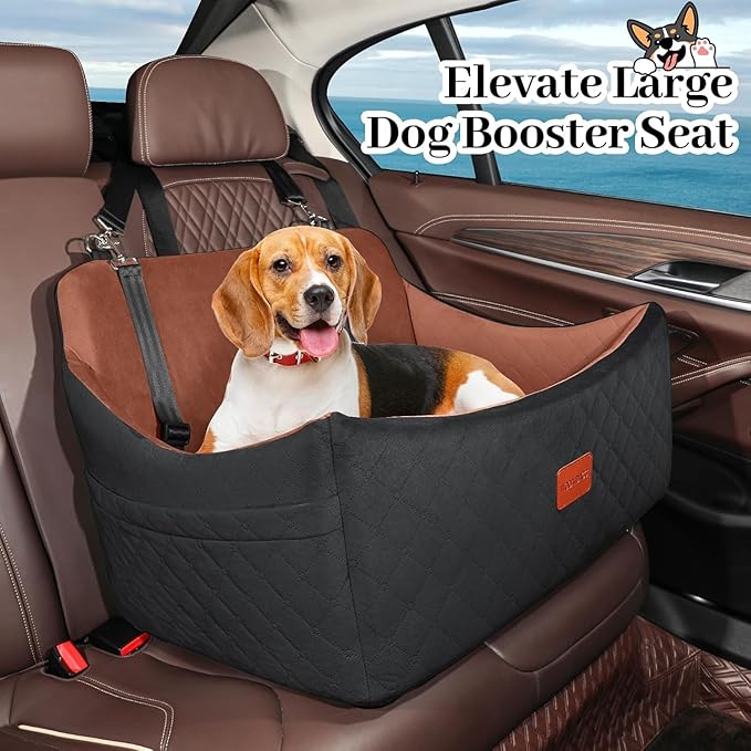 Wooaidagg Dog Car Seat for Medium & Large Dogs Up to 55lbs, Memory Foam Cushion, Washable Cover, Safety Straps & Non-Slip Bottom(Black/Brown,Large)