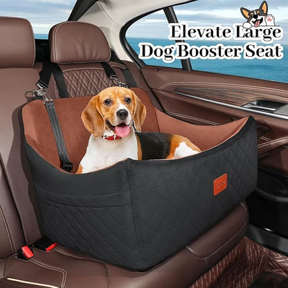 Wooaidagg Dog Car Seat for Medium & Large Dogs Up to 55lbs, Memory Foam Cushion, Washable Cover, Safety Straps & Non-Slip Bottom(Black/Brown,Large)