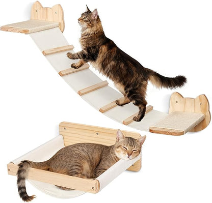 Cat Wall Shelves and Hammock Set, Cat Bridge Wall-Mounted with Climbing Steps and Sisal Roped Scratch Perch, Multi-Level Cats Walls Furniture Bed for Indoor Cats