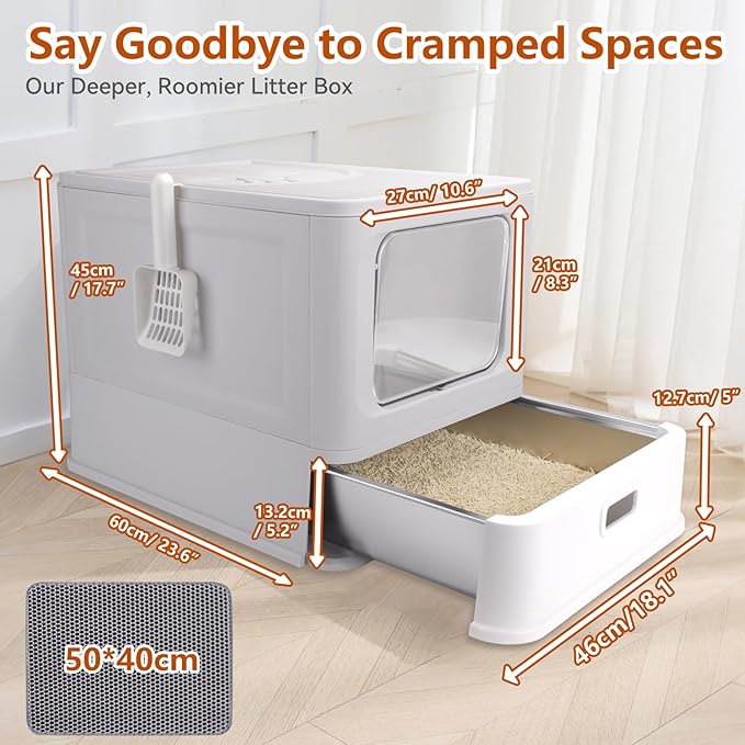 Enclosed Stainless Steel Cat Litter Boxes,Large Foldable Litter Box with Lid,Hooded Covered Stainless Steel Cat Litter Box,Easy Cleaning,No Urine Leakage,Deeper Pan