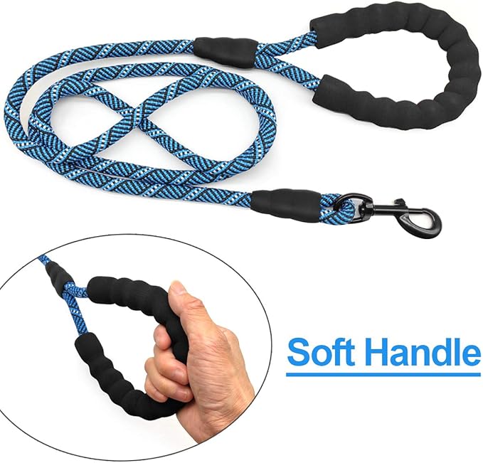 MayPaw Heavy Duty Rope Dog Leash, 3/6/8/10/12/15/20/30 FT Nylon Pet Leash, Soft Padded Handle Thick Lead Leashes for Large Medium Dogs (Blue Black, 1/2" * 8')