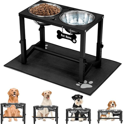 Elevated Dog Bowls, 4 Height Adjustable Metal Raised Bowl Stand with 2 Thick Stainless Steel Food Bowls & Spill-Proof Mat, Adjusts to 13.6'', 12.2'', 10.9'', 9.5'' for Large/Medium Breeds. Black