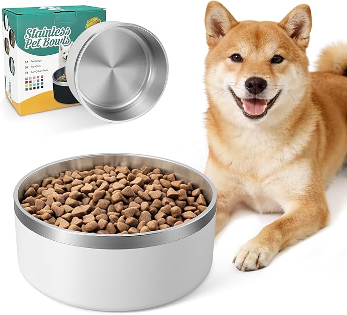 IKITCHEN Dog Bowl for Food and Water, 40 Oz Stainless Steel Pet Feeding Bowl, Durable Non-Skid Double Wall Insulated Heavy Duty with Rubber Bottom for Medium Large Dogs (40 Ounces/5 Cup, White)
