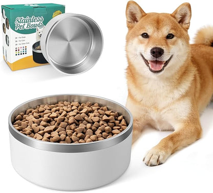 IKITCHEN Dog Bowl for Food and Water, 40 Oz Stainless Steel Pet Feeding Bowl, Durable Non-Skid Double Wall Insulated Heavy Duty with Rubber Bottom for Medium Large Dogs (40 Ounces/5 Cup, White)