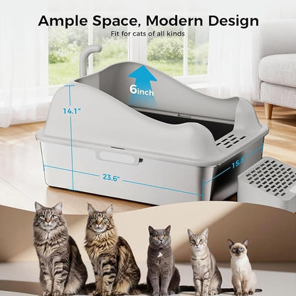 GTPLAYER Stainless Steel Litter Box for Big & Multiple Cats, EasyClean Odor-Resistant Design, High Sided Leak-Proof Litter Box withMat 8 Scoop- Grey 2 Pack