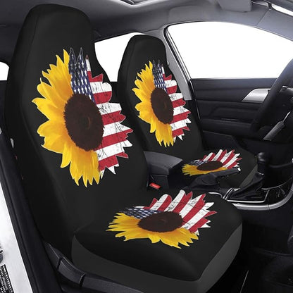 Foruidea Sunflower with American Flag Car Seat Covers Universal 2 Pcs Auto Front Seat Cover Fit Most Cars,SUV,Sedan,Trucks