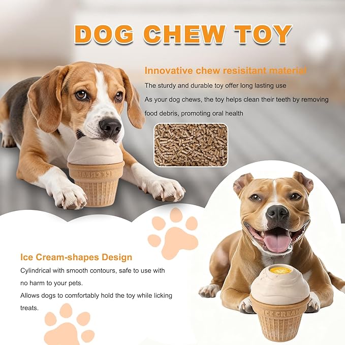 Dog Frozen Treat Toys 2 Pack, 3in1 Enrichment Toys for Dogs in Ice Cream Shape, Long Lasting Treat Dispensing Dog Interactive Toys for Aggressive Chewers to Keep Them Busy