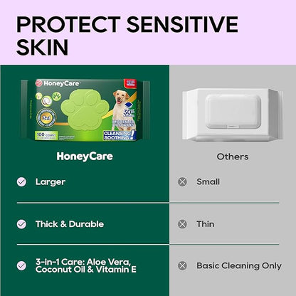 HONEY CARE Disposable Pet Wipes for Dogs & Cats – Cleansing & Soothing, Fragrance-Free, 100 Wipes for Paws, Butt & Body Cleaning