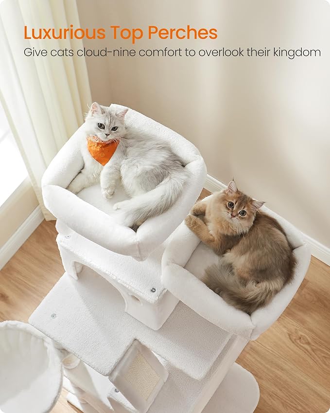 Feandrea Cat Tree, 66.1-Inch Large Cat Tower, Multi-Level Plush Condo with 13 Scratching Posts, 2 Perches, 2 Caves, Basket, Hammock, Pompoms, Cream White UPCT165T01