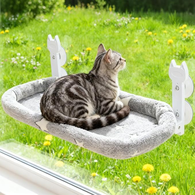 Homimp Cat Window Perch,Cordless Cat Window Hammock for Wall with 4 Strong Suction Cups,Solid Metal Frame and Two Replaceable Covers,Foldable Cats Bed for Large Cats and Kittens,Indoor Pet Seat,Grey M