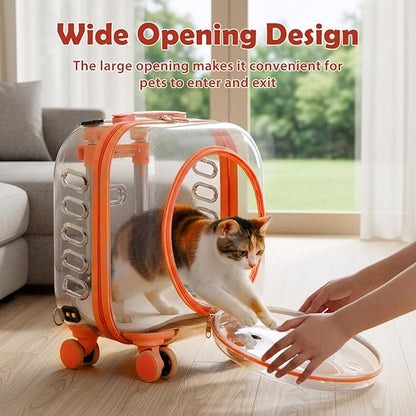 Pet Carrier with Wheels for Cats and Dogs, Clear Hard-Shell Rolling Pet Carrier with Retractable Handle, Airline-Approved Travel Carrier, Portable Cat and Dog Stroller (Orange)