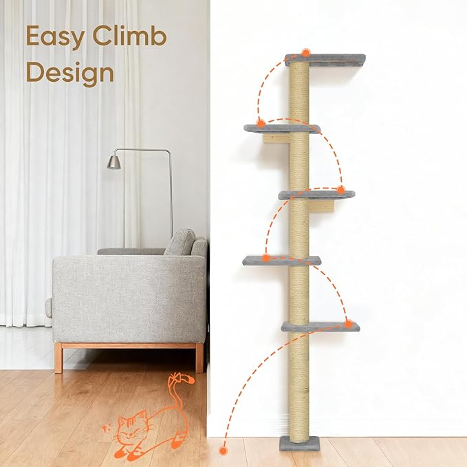 PAWSCRAT Cat Wall Shelves, Wall-Mounted Cat Tree, 5 Tier Floor to Ceiling Cats Tower, 80 Inch Wall-Mounted Cat Scratching Post, Space Saving Cat Furniture and Easliy Climb for All Cats, Gery