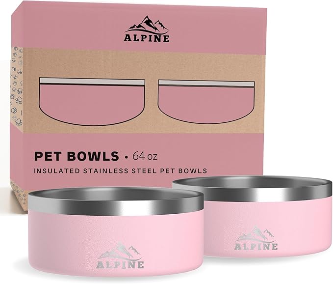 ALPINE Set of 2 Stainless Steel Dog Bowls, Non Slip, Metal Pet Bowl for Food and Water, Double Walled Insulated, Rustproof, Dishwasher Safe (64 oz, Pink)