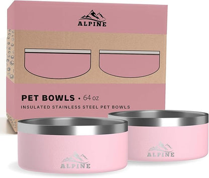 ALPINE Set of 2 Stainless Steel Dog Bowls, Non Slip, Metal Pet Bowl for Food and Water, Double Walled Insulated, Rustproof, Dishwasher Safe (64 oz, Pink)