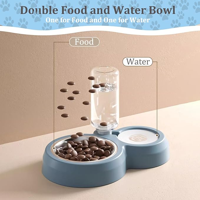 Double Dog Cat Bowls, Pets Food and Water Bowl Set with Automatic Water Dispenser and Stainless Steel Bowl Silicone Dog Bowl Mat, Gravity Feeder for Cats and Small Dogs Puppies (Blue)