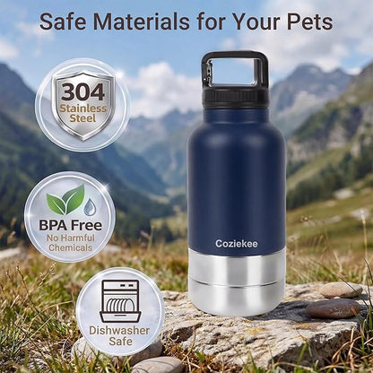 3-in-1 Dog Water Bottle Portable, 32oz Insulated Stainless Steel Pet Water Dispenser with 2 Detachable Travel Dog Bowls for Water & Food, Leak-Proof Puppy Water Bottle for Hiking, Walking (Blue)