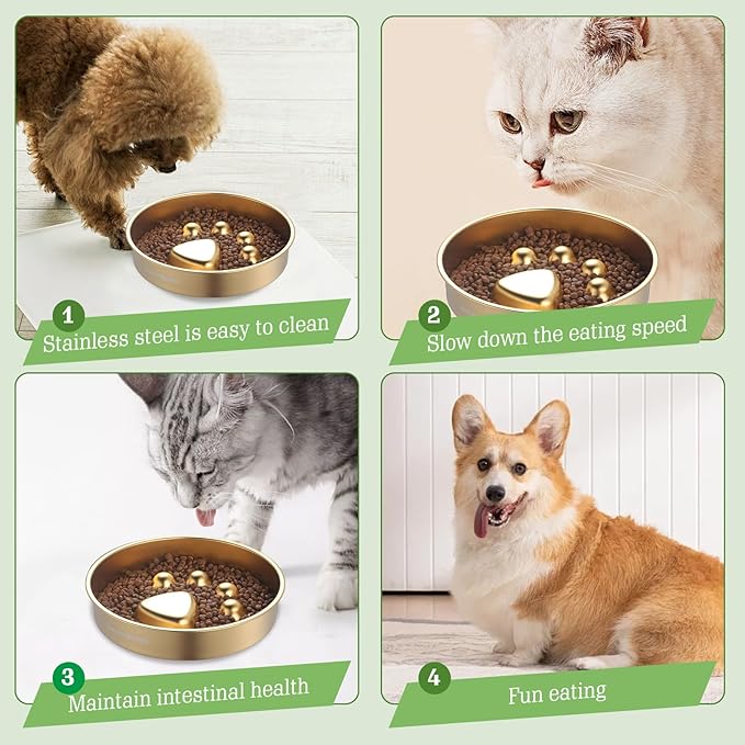 Golden Stainless Steel Slow Feeder Dog Bowls – Non-Slip Metal Dog Bowl for Large & Medium Breeds, Puppy Puzzle Feeder – 2 Cup Capacity for Small to Big Pets – Durable Slow Feed (Paw-Golden)