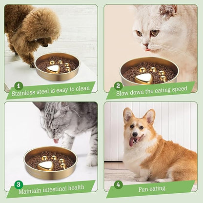 Golden Stainless Steel Slow Feeder Dog Bowls – Non-Slip Metal Dog Bowl for Large & Medium Breeds, Puppy Puzzle Feeder – 2 Cup Capacity for Small to Big Pets – Durable Slow Feed (Paw-Golden)