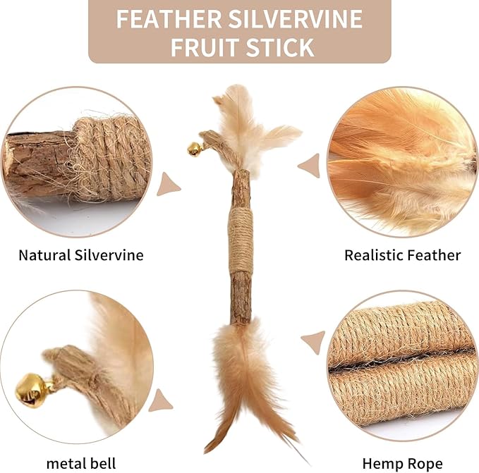 Walfront Cat Toys Interactive,Cats Chew Toys Sticks 2PCS Realistic Tree Stump Toys + 4PCS Pure Natural Log Sticks with Feathers and Bell Natural,Safe Dental Teething Toy for Indoor Cats