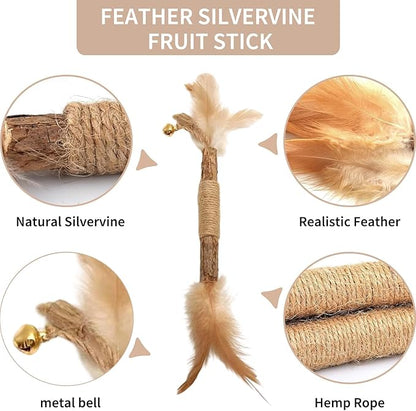 Walfront Cat Toys Interactive,Cats Chew Toys Sticks 2PCS Realistic Tree Stump Toys + 4PCS Pure Natural Log Sticks with Feathers and Bell Natural,Safe Dental Teething Toy for Indoor Cats