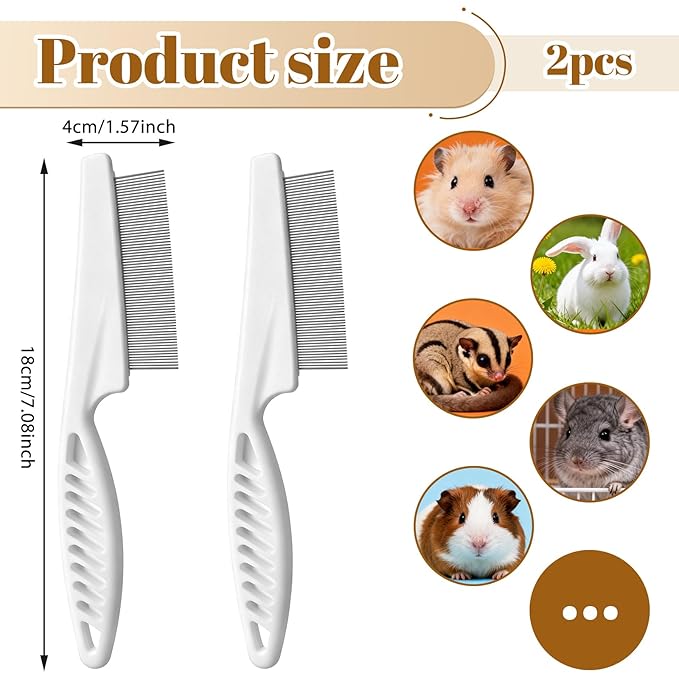2Pcs Guinea Pig Brush, Fine-Tooth Stainless Steel Flea Brush for Dogs Rounded Teeth Grooming Metal Comb for Dogs, Chinchillas, Ferrets, Guinea Pigs, Rabbits