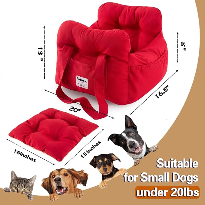Dog Car Seat for Small Dogs, Portable Puppy Car Seat of Easy Installation, Fashionable Pet Carrier Bag with Large Pockets, Machine Washable Dog Booster Seat (Red)