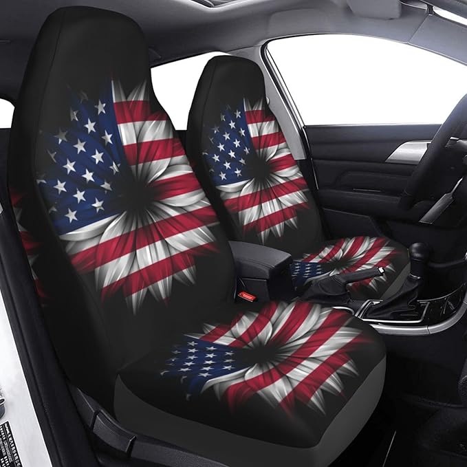 Foruidea USA Flag On Abstract Flower Car Seat Covers Universal 2 Pcs Auto Front Seat Cover Fit Most Cars,SUV,Sedan,Trucks