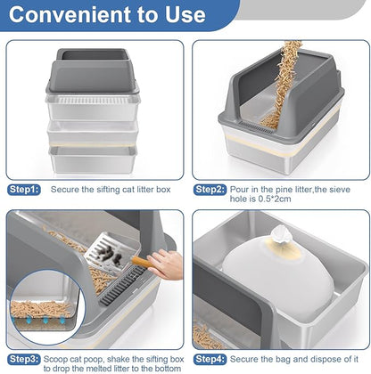 Stainless Steel Sifting Litter Box with Lid, High Sides XXL Extra Large Sifting Cat Litter Box for Pine Pellets & Big Cats, Sifter Litter Pan System for Odor Control,Sifting Box Liners & Scoop