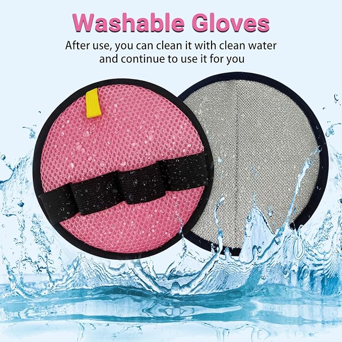 4Pack Pet Hair Removal Glove for Cats and Dogs, Four-Finger Circular Design with Soft Lining and Hanging Loop, Reusable Pet Grooming Gloves for Clothing, Carpet, Car Seats (Pink)