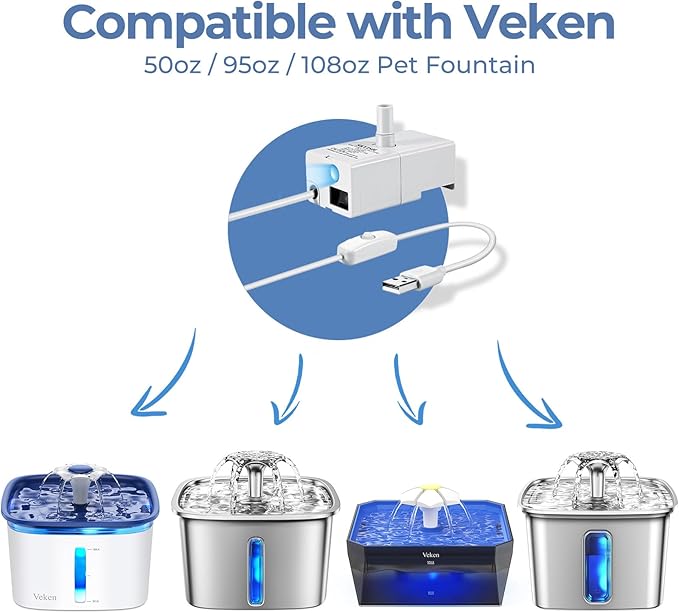 Veken Replacement Pump for 50oz, 95oz and 108oz Pet Fountain Cat Water Fountain Dog Water Dispenser Ultra Quiet Long Lifespan Water Pump, USB Cable, LED Lights