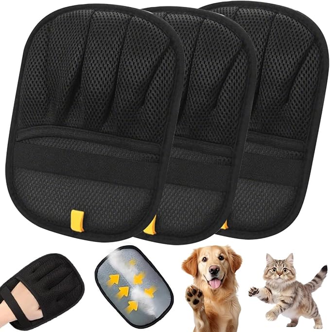 Electrostatic Pet Hair Removal Gloves for Cats & Dogs–Upgraded Reusable Magic Brush Tool for Quick Wiping on Couch,Carpet,Laundry,Car Seat & Pet Beds(3PC,Black)