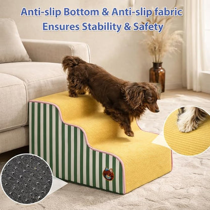 Dog Steps for Small Dogs, Dog Stairs for Bed, Curved Pet Stairs for Puppy and Cat, Doggie Ladder with Washable Cover, Pet Ramp for Sofa, Non-Slip Pet Stairs for Indoor Use(3 Step)