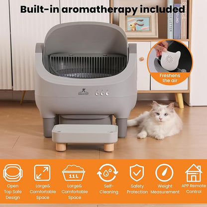 Upgraded Automatic Litter Box Self Cleaning, with Raised Step, Open Top Large Capacity for Multiple Cats, Odor Control & Safety Protection & Smart App Control & Health Monitoring & Quiet Operation
