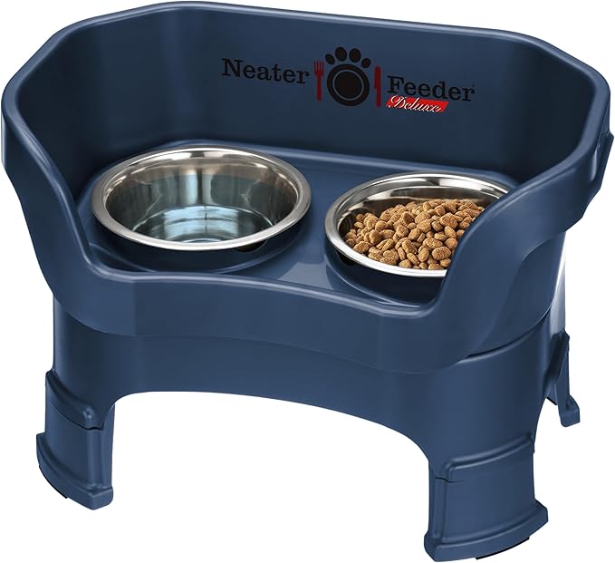 Neater Feeder Deluxe Mess-Proof Elevated Dog Bowls for Medium Dogs (19–40 lbs), 2 Height Adjustable (10” & 12.5”) No-Spill Raised Dog Bowl Stand, Stainless Steel Food Bowl Set, Made in USA, Dark Blue