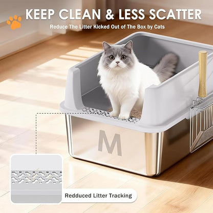 Stainless Steel Litter Box with Lid: Metal Cat Litter Box for Small Cats with Scoop, High Sided Kitty Litter Pan Tray, 17.4'' x 13.5'' x 8.5'',Non-Stick, Anti-Leakage, Easy Cleaning (Light Gray)