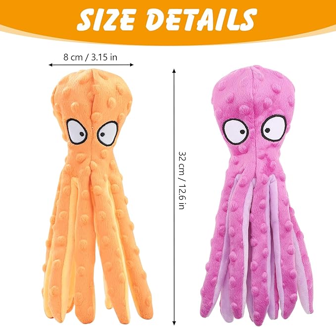 2 Pcs Octopus Dog Toys, No Stuffing Squeaky Dog Toys Chew Toys for Dogs Puppy Toys Indestructible Dog Toy for Small & Medium & Large Dogs (Purple,Orange)