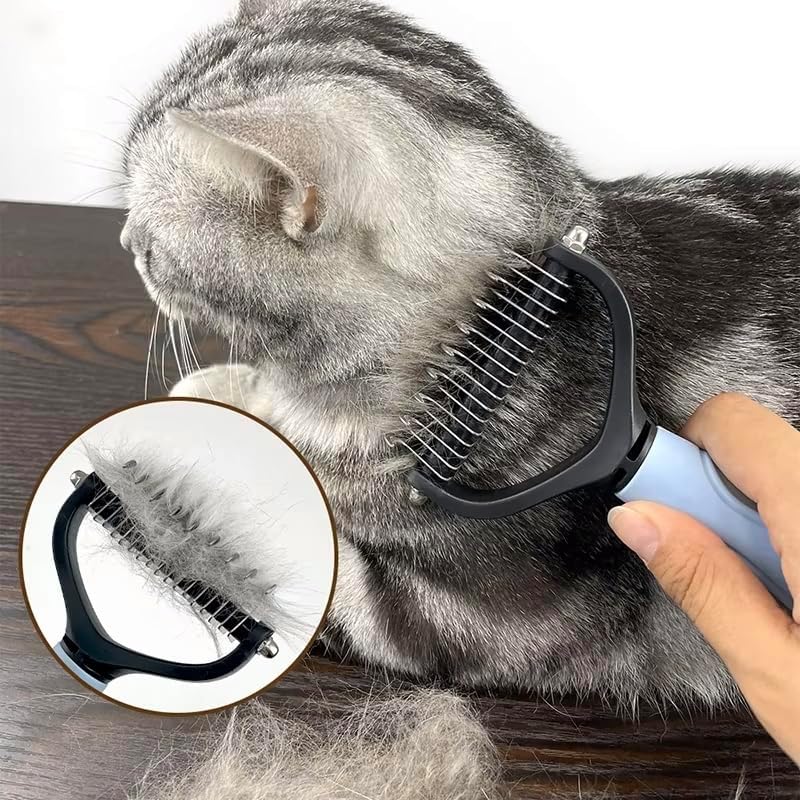 2-Sided Dematting & Deshedding Comb for Dogs & Cats – Undercoat Detangler Brush for Shedding, Matted Hair & Fur Remover Tool, Ergonomic Handle for Stress-Free Pet Grooming (Grey) - Image 2