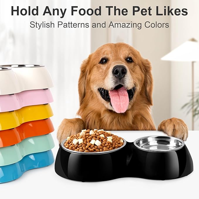 Double Dog Bowls Set – Non-Slip Pet Food & Water Dishes with Resin Stand, Includes Small (1 Cup) & Medium (2 Cups) Bowls – Ideal for Puppies and Cats –Black